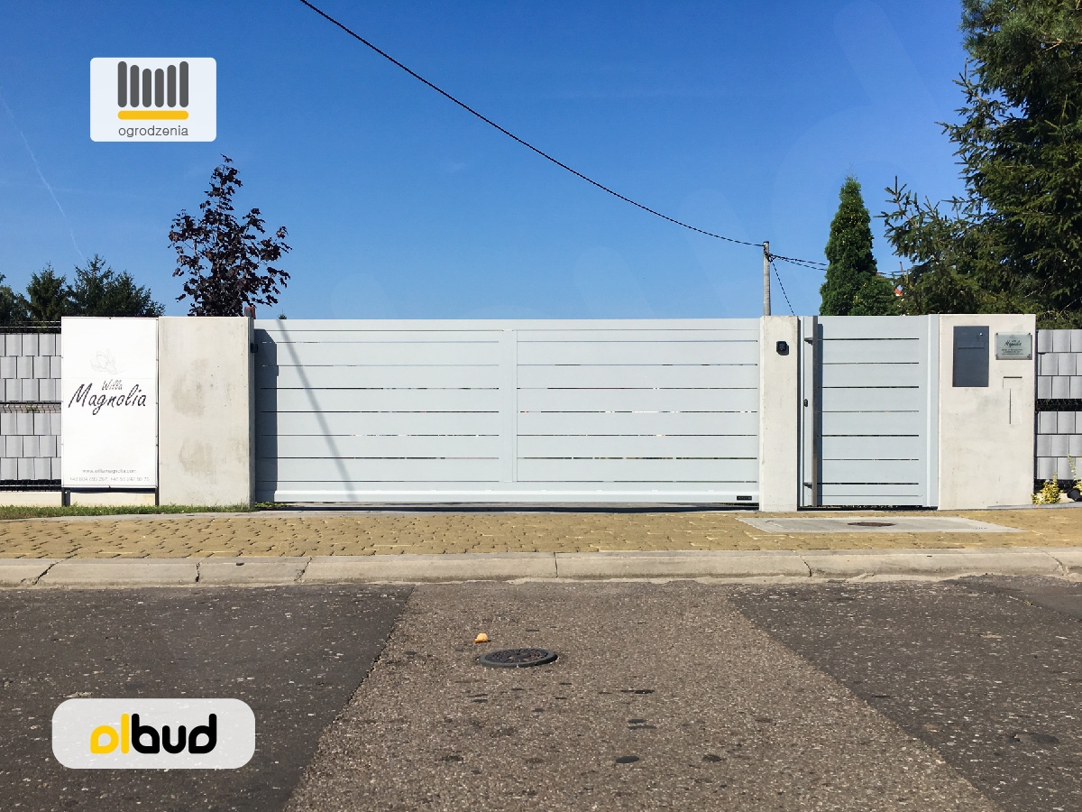 ALFEN N05 SILVER beton architektoniczny ogrodzenie aluminiowe brama przesuwna , furtka z pochwytem