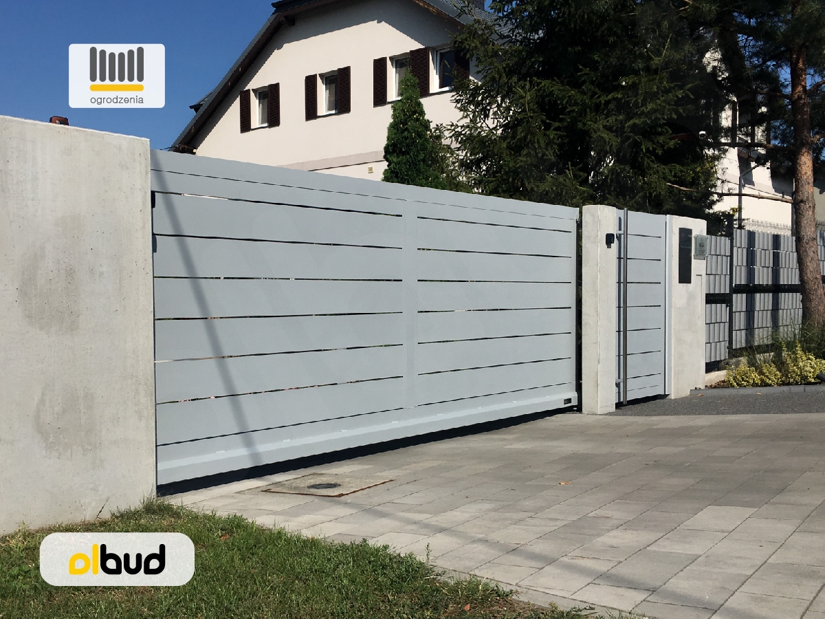 ALFEN N05 SILVER beton architektoniczny poziome ogrodzenie aluminiowe brama przesuwna