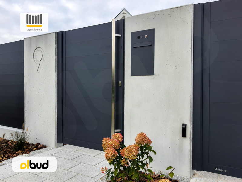 Nowoczesne ogrodzenie aluminiowe N06 ALFEN bez szczelin, beton architektoniczny WALLBLOCK 